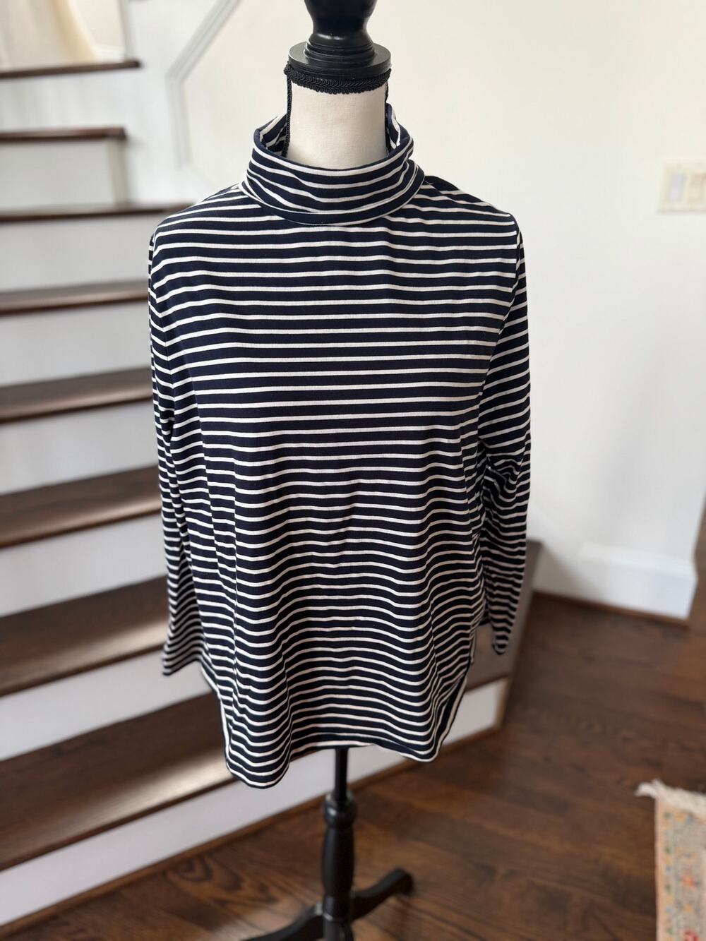 Talbots Navy & White Stripe Lightweight Turtleneck Long Sleeve T-Shirt Preppy